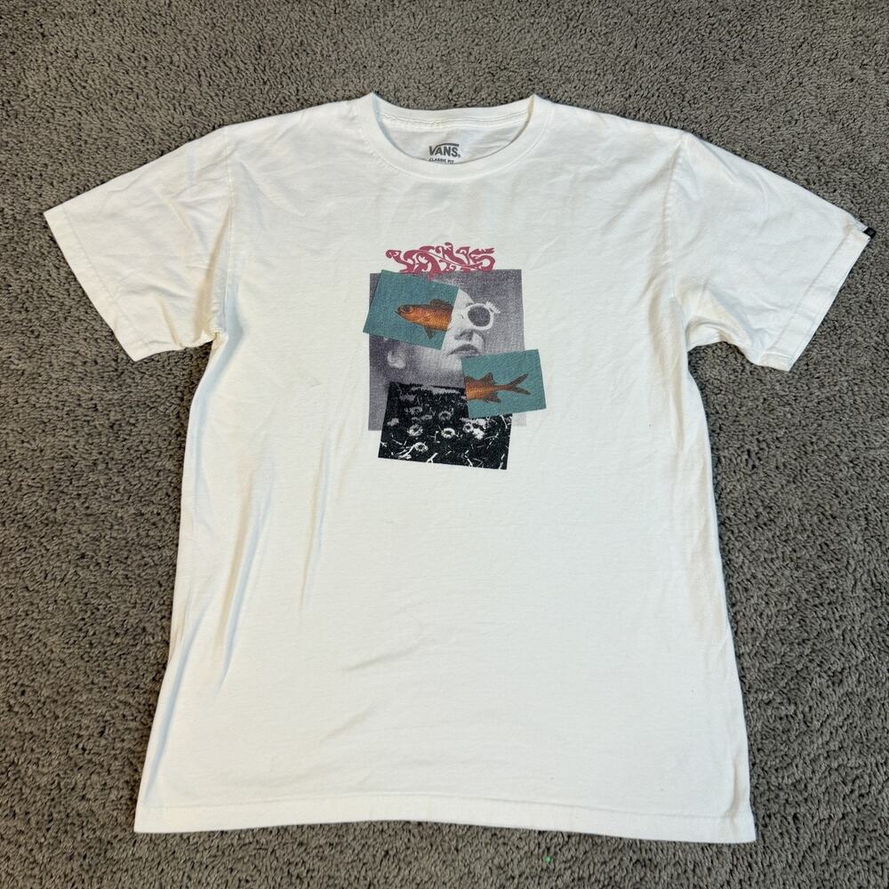 VANS Shirt Mens S White Graphic Print Crew Neck Cotton Tagless Classic Fit